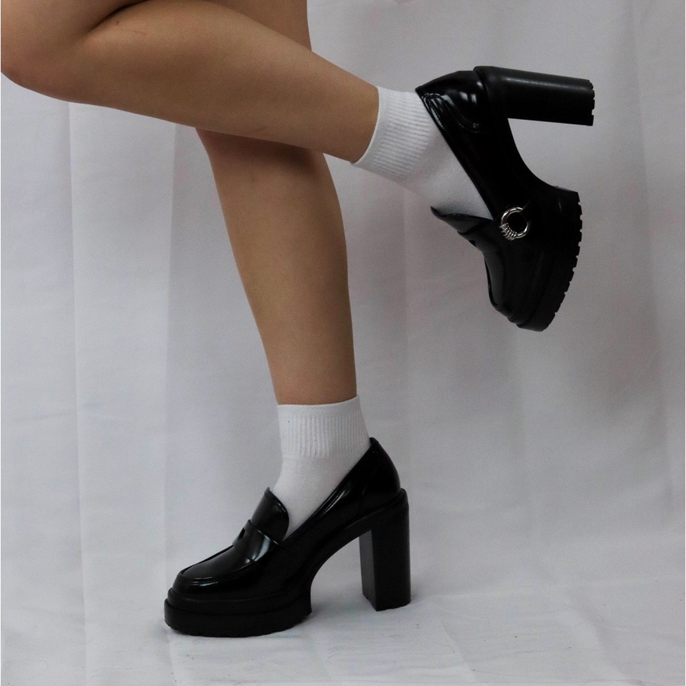 Black Gianni Bini Chunky Heel Mary Jane Penny loafer with Silver Hardware Prada